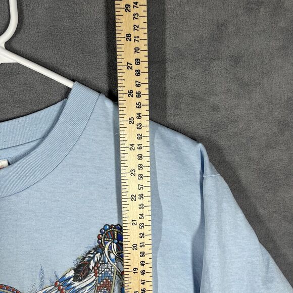 Vintage 90s Hanes HeavyWeight 50\50 Feather Print Mens T-Shirt Medium Blue USA - Picture 6 of 6